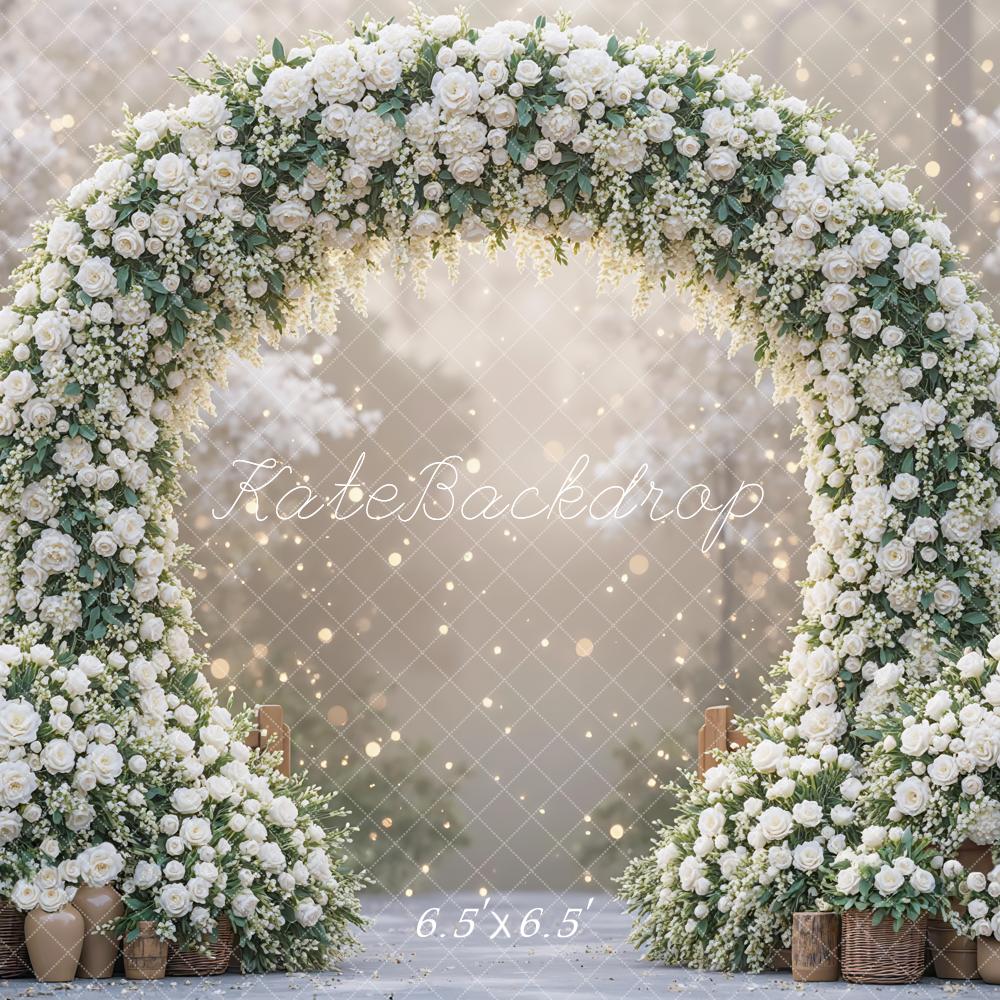 Kate Spring Flower Arch White Roses Bokeh Backdrop Designed by Mini MakeBelieve