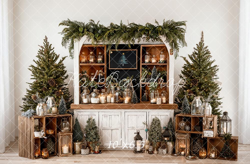 Kate Christmas Pine Trees Wooden White Cabinet Bottles Backdrop Designed by Emetselch
