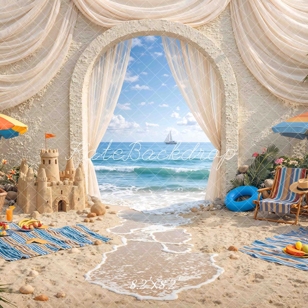 Kate Summer Beach Archway Sandcastle Umbrellas Printed Backdrop Designed by Mini MakeBelieve