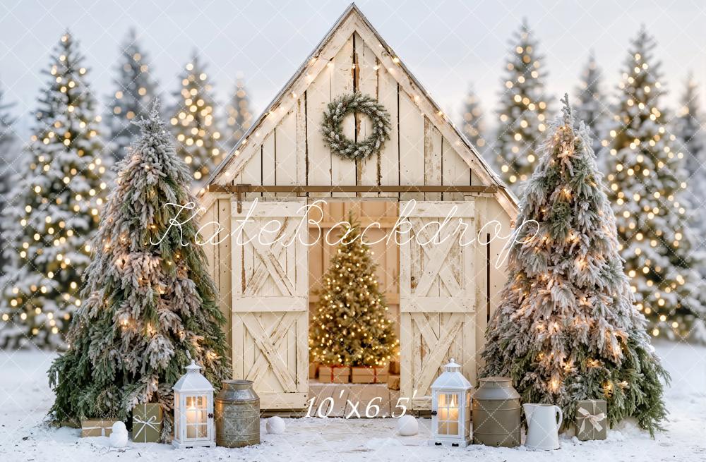 Kate Christmas Rustic White Barn Snowy Forest Lanterns Printed Backdrop Designed by Emetselch