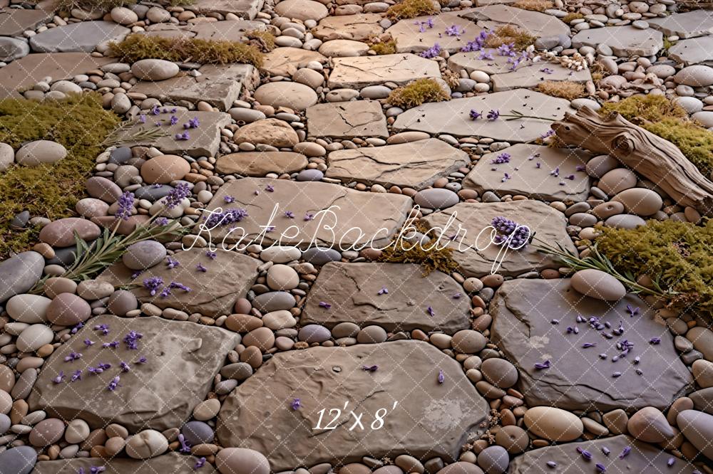 Kate Stone Pathway Pebbles Moss Log Purple Flowers Floor Printed Backdrop Designed by Kate Image