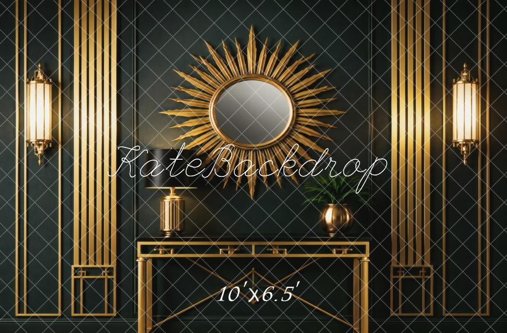 Kate 20's Retro Art Deco Gold Sunburst Mirror Console Table Printed Backdrop Designed by Vertigo Productions