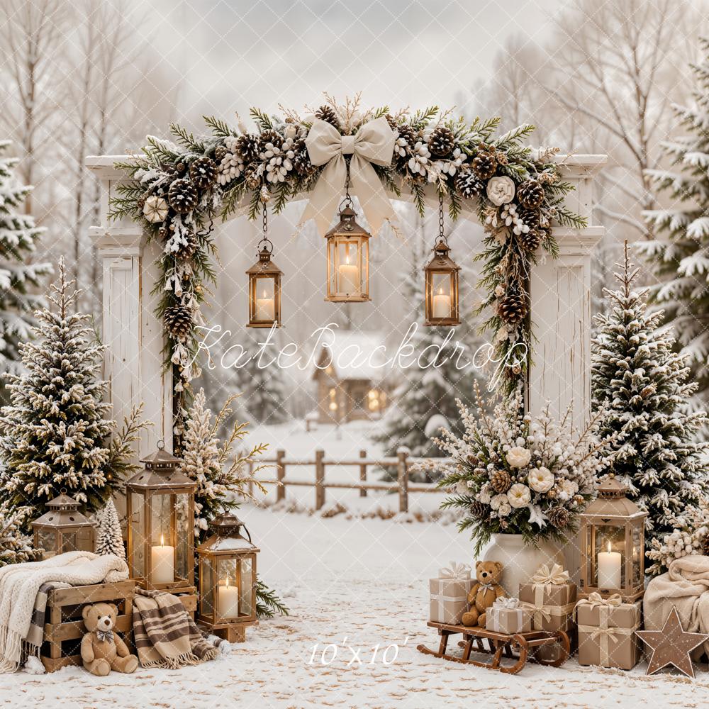 Kate Christmas Snowy Forest Arch Lanterns Gifts Sled Plaid Printed Backdrop Designed by Emetselch