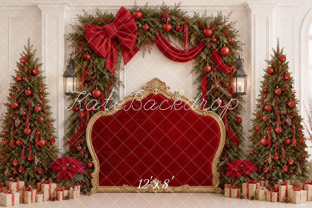 Kate Christmas Headboard Red Velvet Bow Garland Trees Printed Backdrop Designed by Emetselch