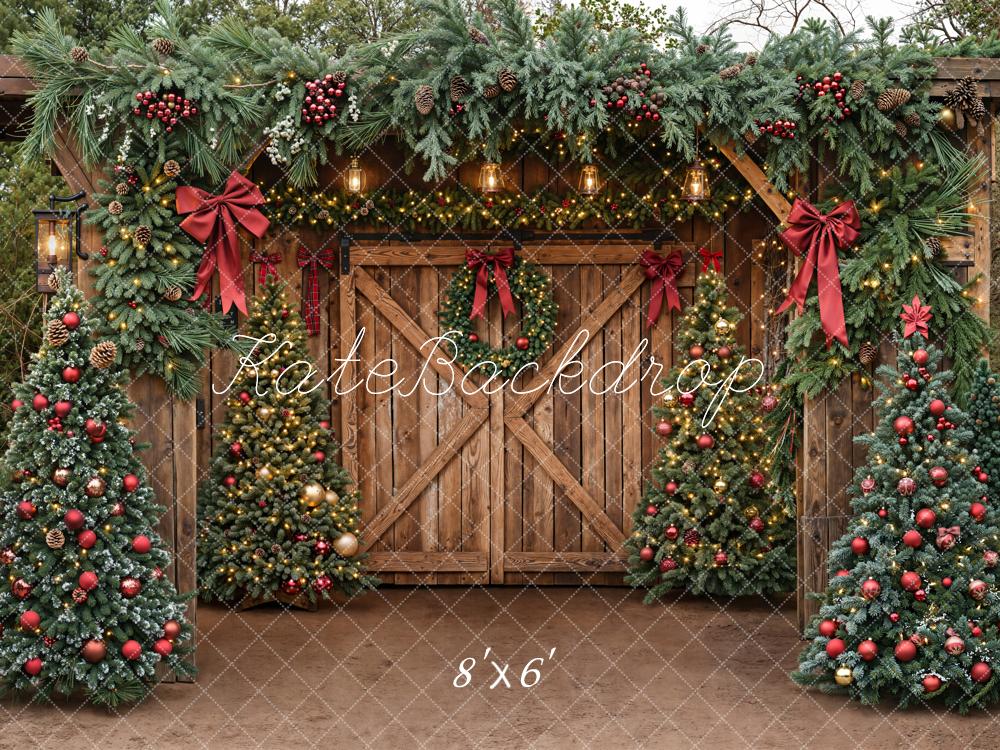 Kate Christmas Barn Door Garland Trees Bows Backdrop Designed by Emetselch