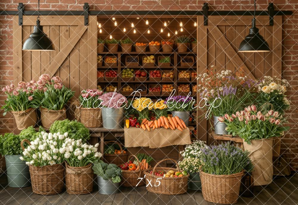 Kate Flower Market Fruits Vegetables Rustic Barn Brick Wall Backdrop Designed by Emetselch