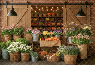 Kate Flower Market Fruits Vegetables Rustic Barn Brick Wall Printed Backdrop Designed by Emetselch