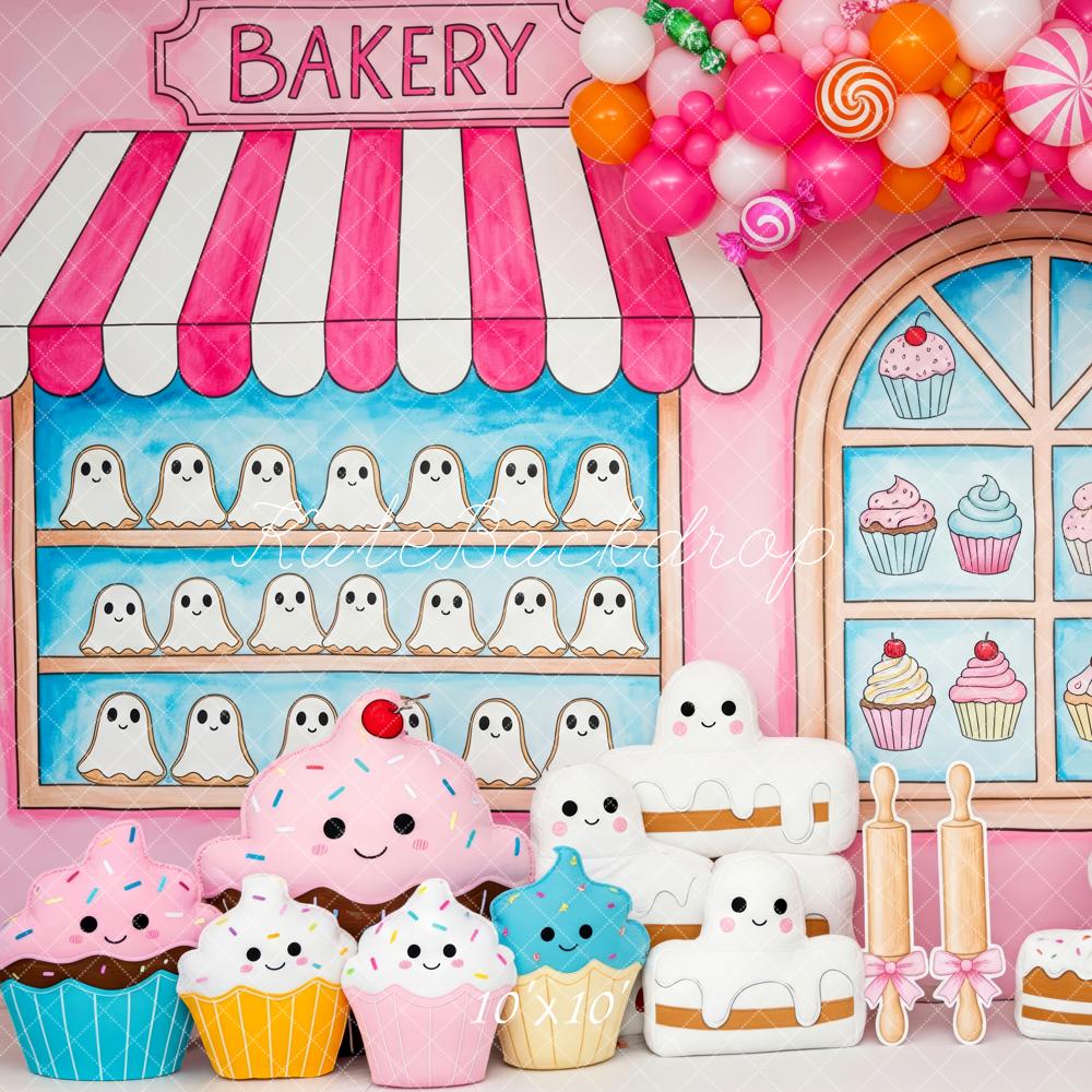 Kate Halloween Bakery Shop Ghosts Cupcakes Pink Balloons Backdrop Designed by Patty Roberts