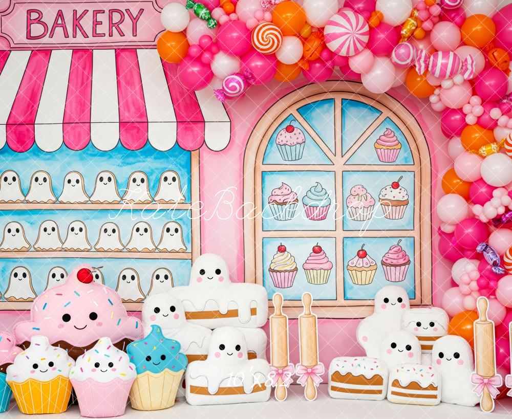 Kate Halloween Bakery Shop Ghosts Cupcakes Pink Balloons Backdrop Designed by Patty Roberts
