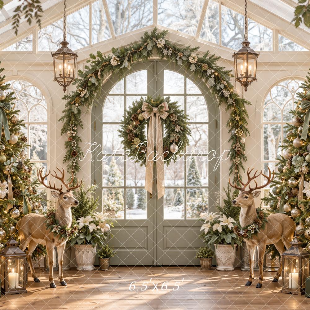 Kate Christmas Greenhouse Arch Garland Deer Christmas Trees Printed Backdrop Designed by Emetselch