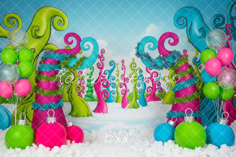 Kate Christmas Whimsical Trees Ornaments Snow Backdrop Designed by Patty Roberts
