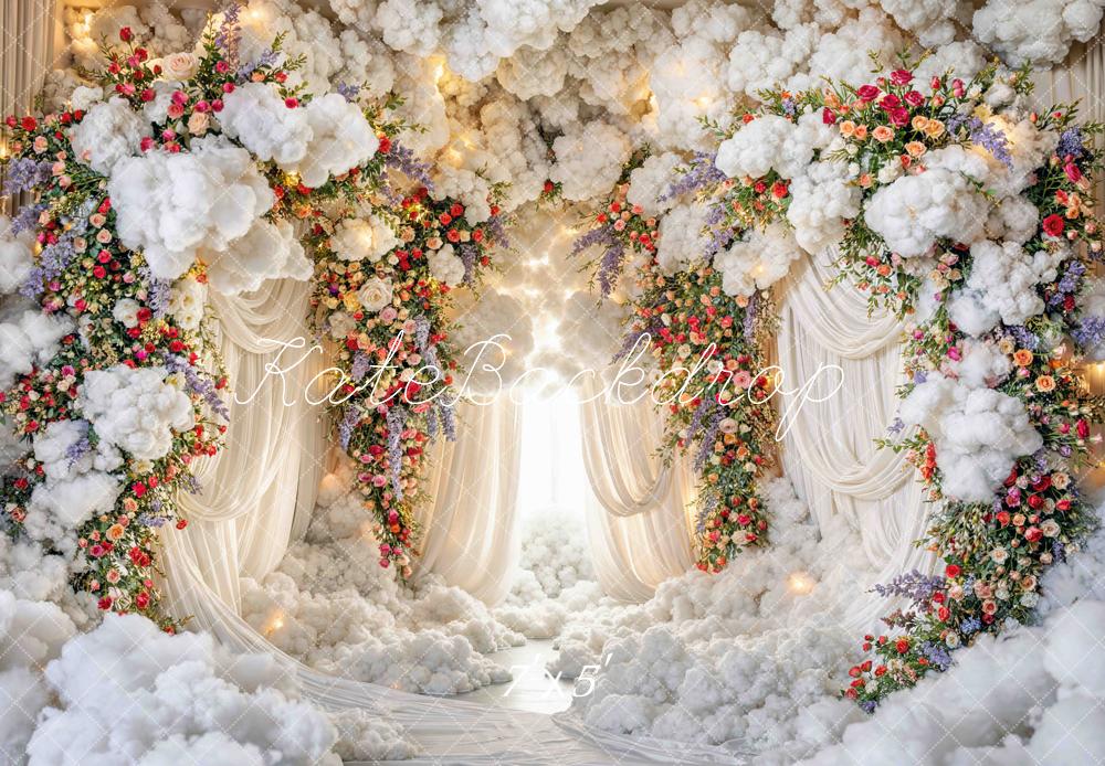 Kate Dream Flower Arch Clouds White Drapes Printed Backdrop Designed by Mini MakeBelieve