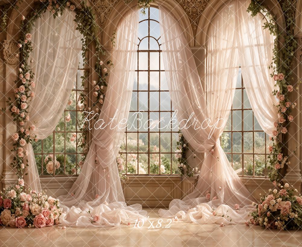 Kate Prom Pink Flower Arch Large Window Draped Curtains Printed Backdrop Designed by Emetselch