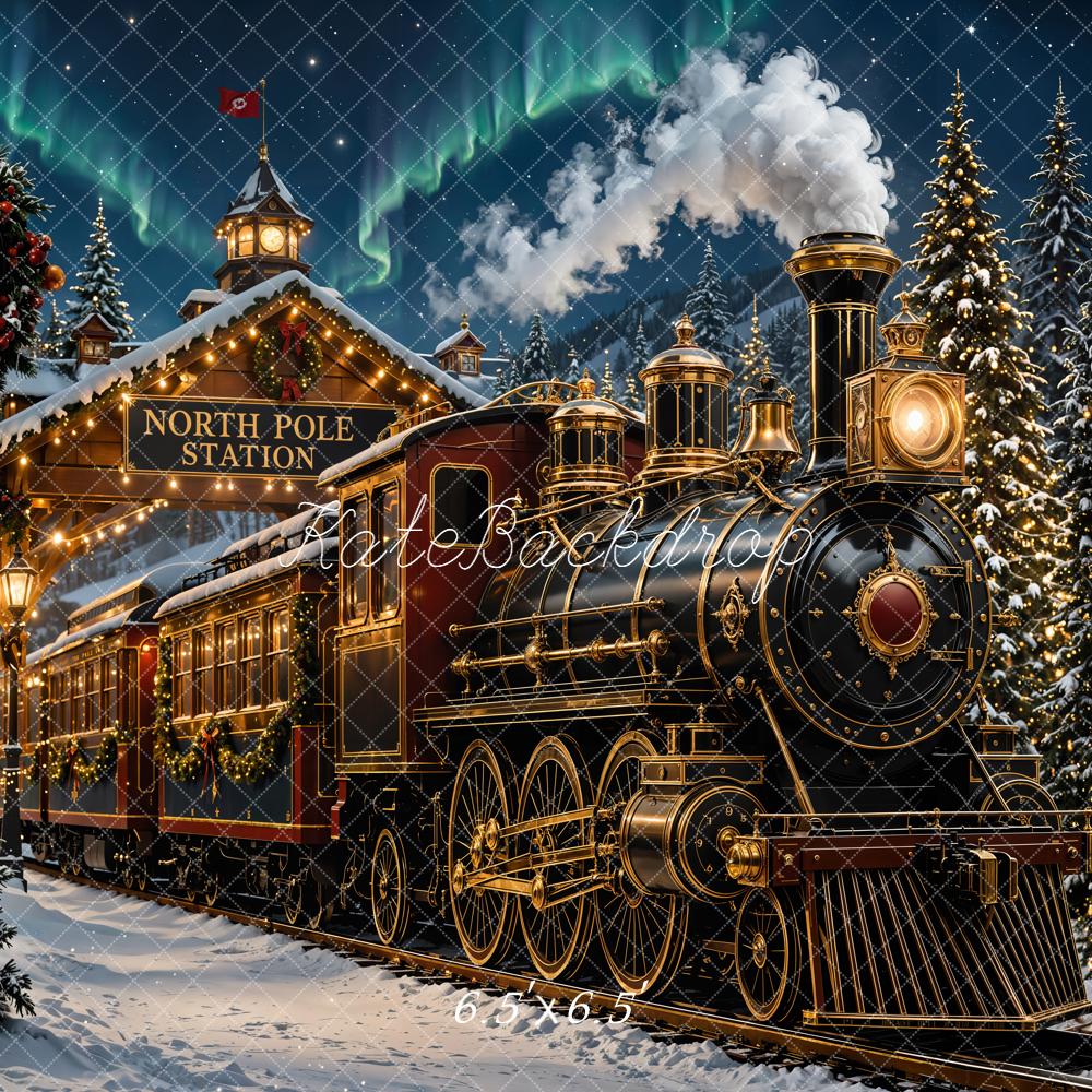 Kate Christmas Polar Train North Pole Station Snowy Trees Printed Backdrop Designed by Emetselch