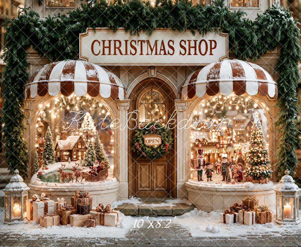 Kate Christmas Shop Santa Sleigh Village Christmas Tree Snow Printed Backdrop Designed by Emetselch