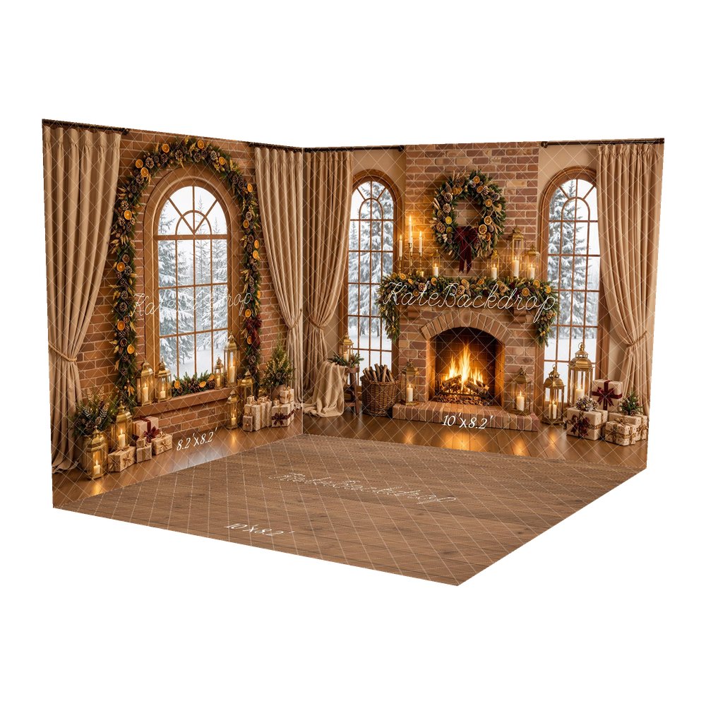 Kate Christmas Fireplace Garland Wreath Brick Wall Brown Printed Backdrop Room Set