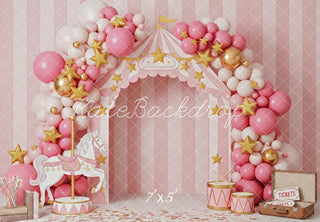 Kate Cake Smash Circus Carousel Balloon Arch Pink Striped Printed Backdrop Designed by Patty Roberts