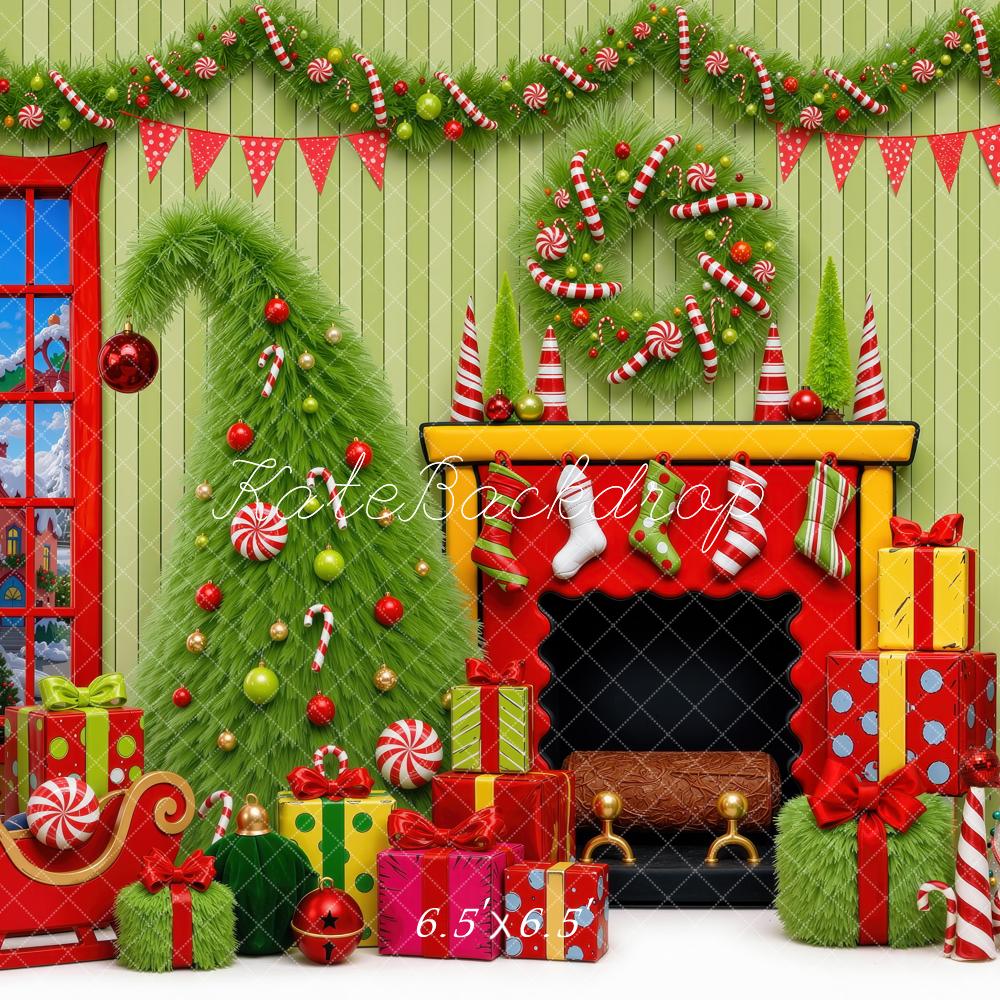 Kate Christmas Fireplace Tree Whoville Presents Candy Cane Printed Backdrop Designed by Mini MakeBelieve