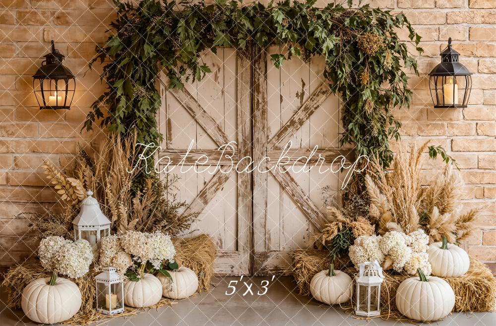 Kate Fall Barn Door White Pumpkins Lanterns Pampas Grass Backdrop Designed by Emetselch
