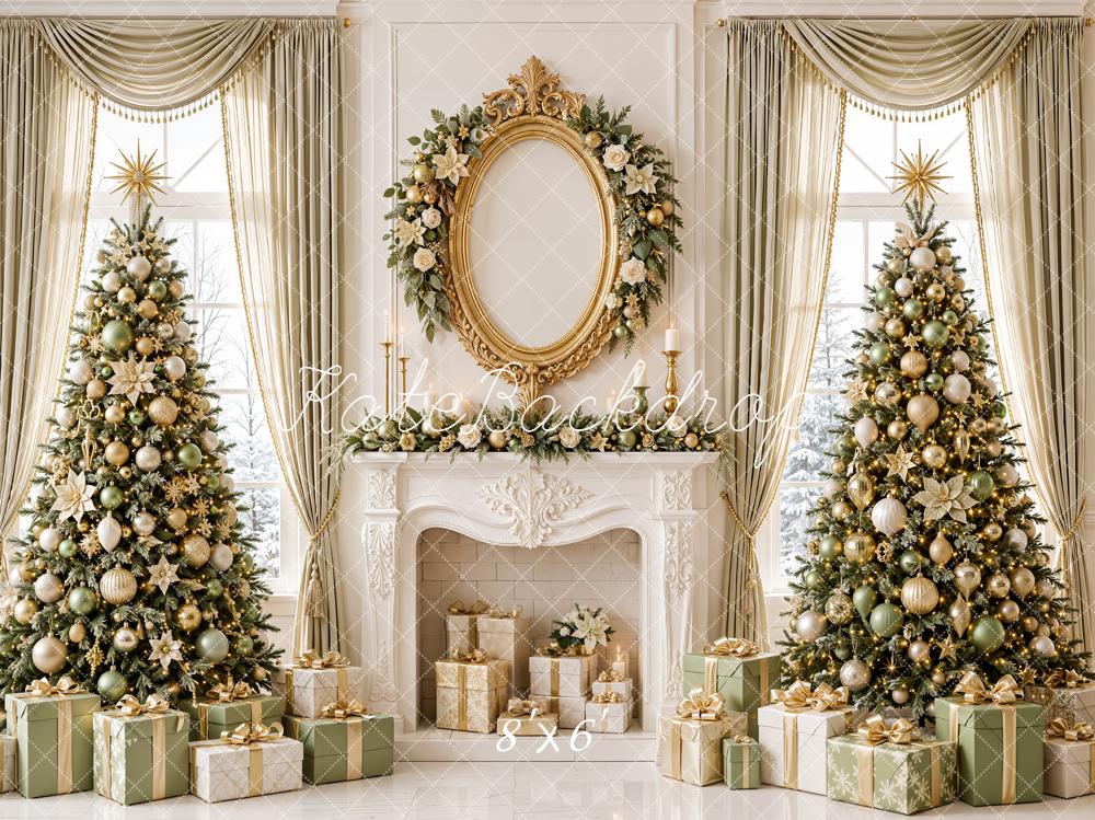 Kate Christmas Gold Twin Trees Retro Fireplace Printed Backdrop Designed by Emetselch
