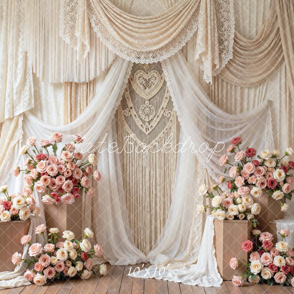 Kate Spring Flower Arch Cream Drapes Macrame Roses Backdrop Designed by Mini MakeBelieve