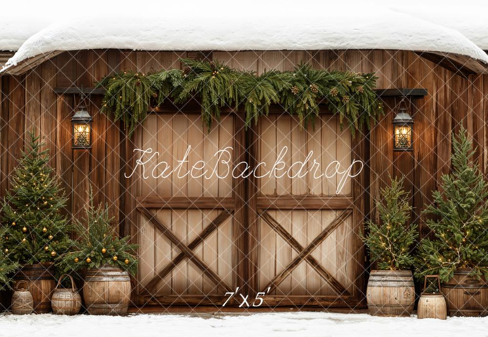 Kate Christmas Brown Barn Door Pine Trees Snow Backdrop Designed by Emetselch