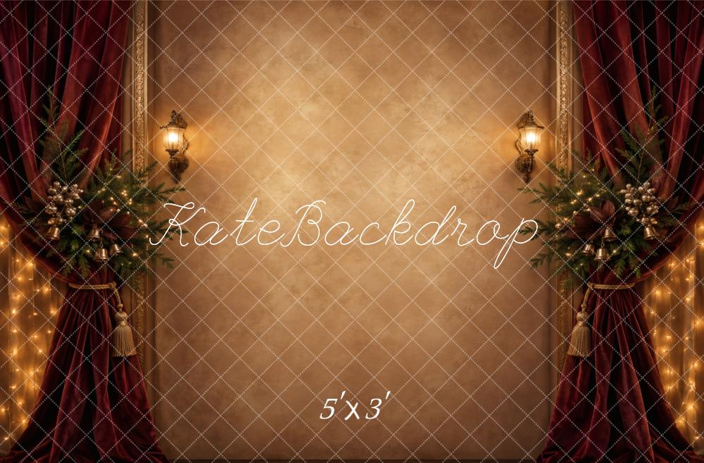 Kate Christmas Burgundy Drapes Garland Lanterns Printed Backdrop Designed by Vertigo Productions