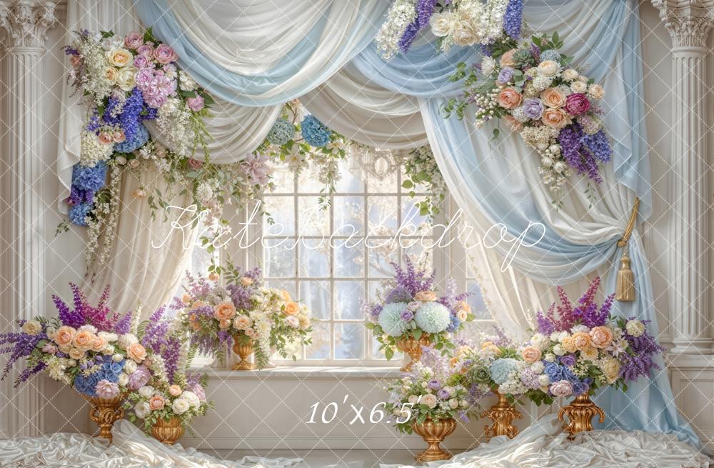 Kate Summer Flower Arch Blue Drapes Window Columns Printed Backdrop Designed by Emetselch