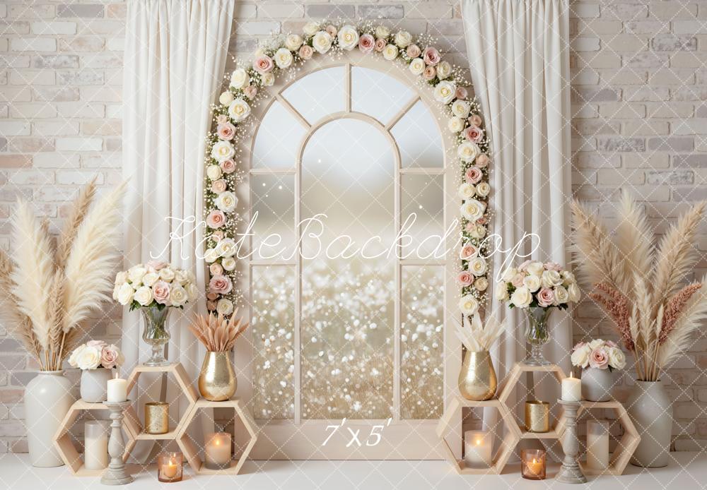 Kate Flower Arch Window Pampas Grass Candles Backdrop Designed by Mini MakeBelieve