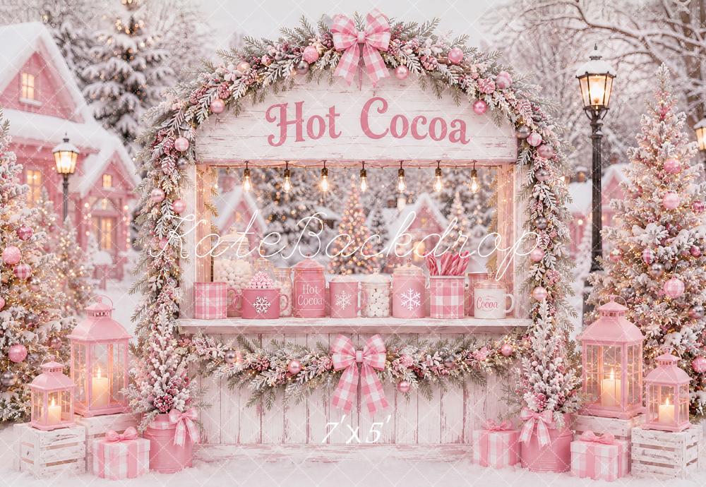 Kate Christmas Pink Hot Cocoa Stand Snowy Village Printed Backdrop Designed by Ashley Paul
