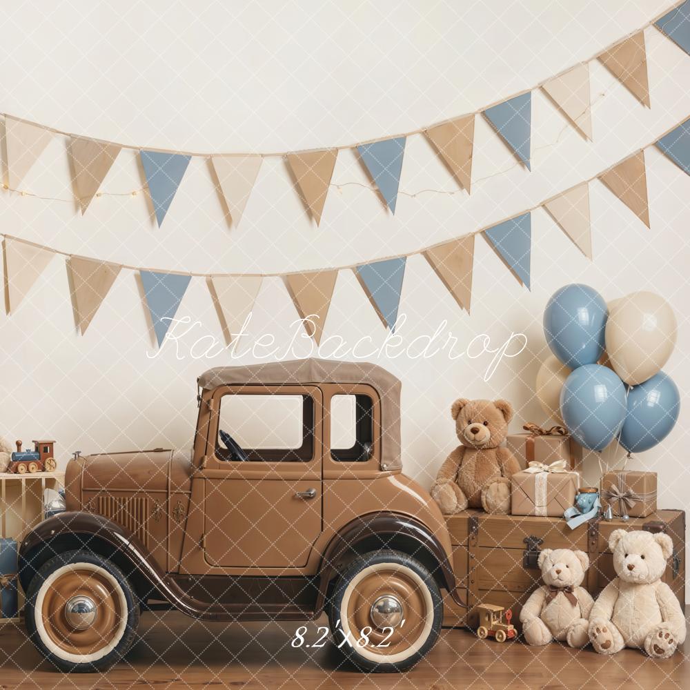 Kate Cake Smash Vintage Car Teddy Bear Blue Bunting Balloons Printed Backdrop Designed by Emetselch
