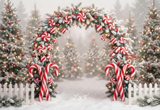 Kate Christmas Flower Arch Candy Cane Trees Fence Printed Backdrop Designed by Emetselch