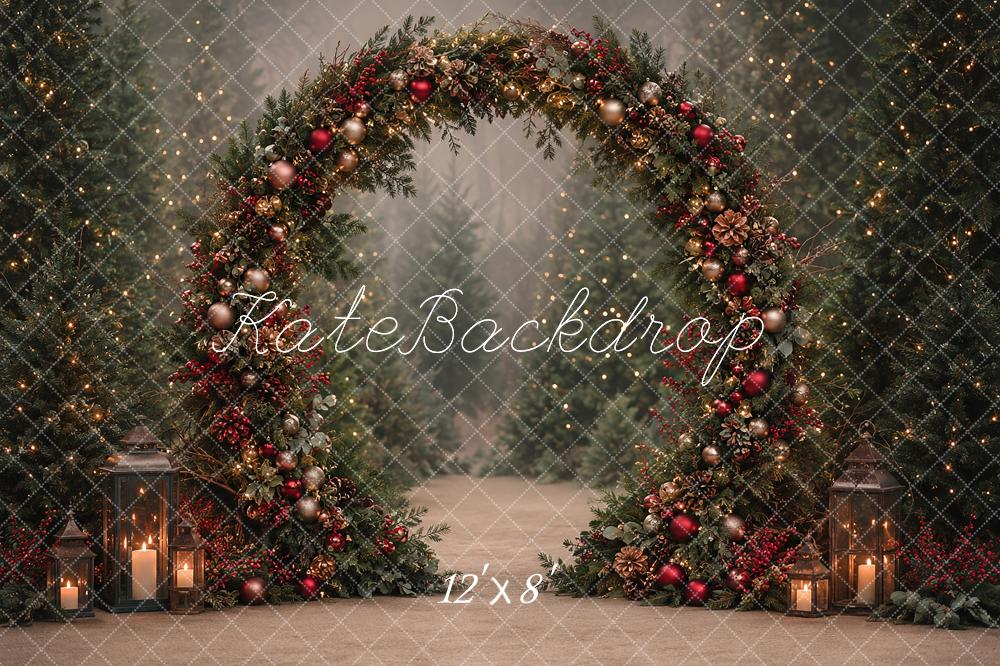 Kate Christmas Evergreen Garland Arch Forest Lanterns Candlelight Printed Backdrop Designed by Angela Miller