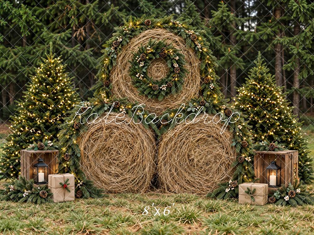Kate Christmas Hay Bale Wreath Pine Forest Printed Backdrop Designed by Emetselch