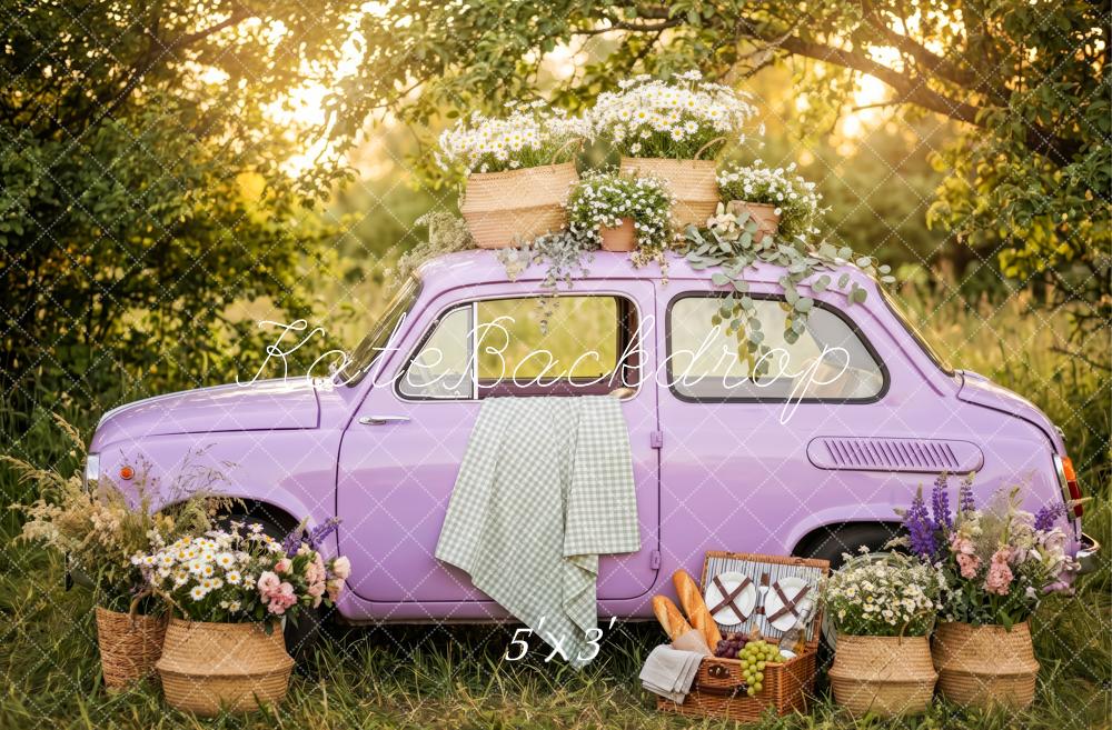 Kate Forest Purple Vintage Car Picnic Flowers Printed Backdrop Designed by Patty Roberts