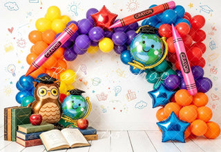 Kate Graduation Balloon Arch Crayons Globe Owl Books Printed Backdrop Designed by Emetselch