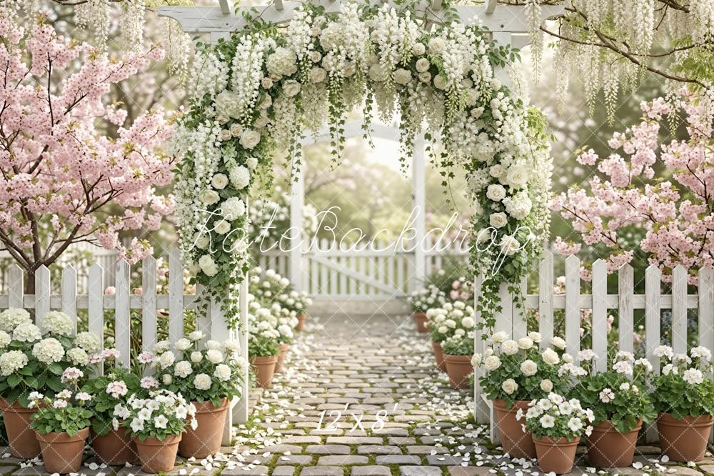 Kate Spring Flower Arch White Roses Cobblestone Path Garden Printed Backdrop Designed by Emetselch