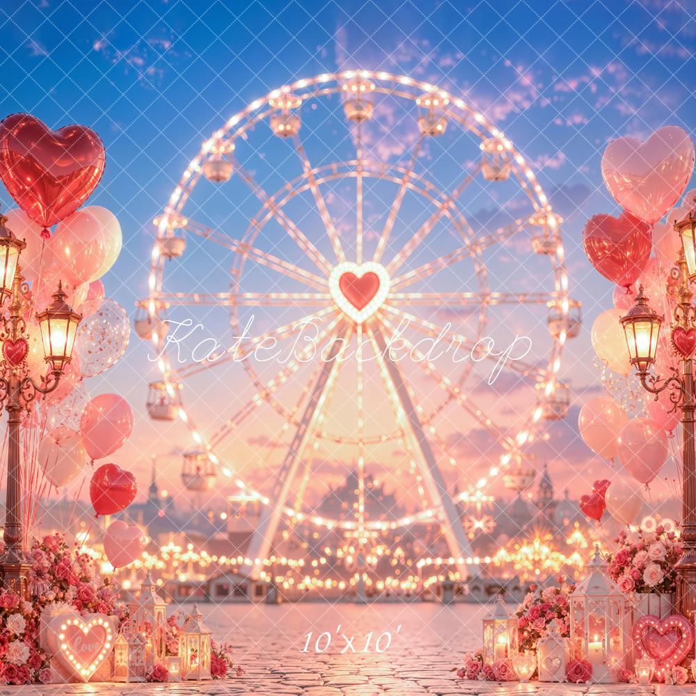 Kate Valentine's Day Ferris Wheel Hearts Balloons Street Printed Backdrop Designed by Emetselch