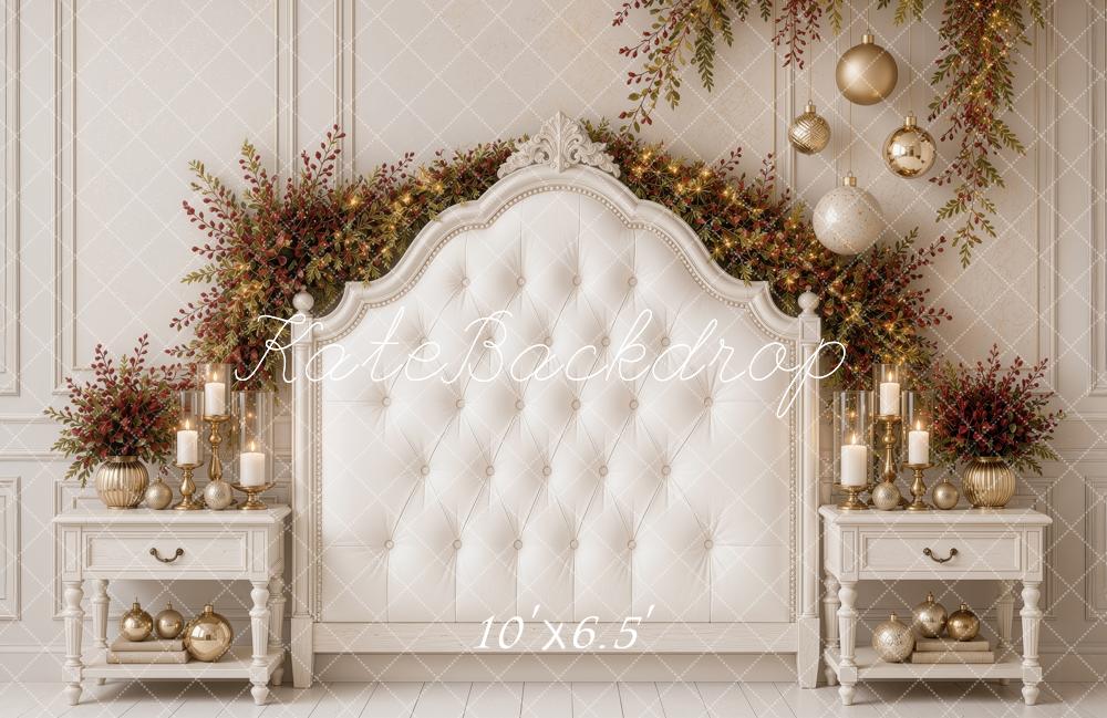 Kate Christmas White Tufted Headboard Garland Nightstands Printed Backdrop Designed by Ashley Ward