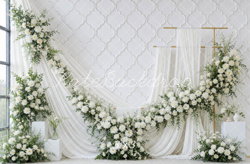 Kate Spring Elegant White Flower Arch Drapes Printed Backdrop Designed by Mini MakeBelieve