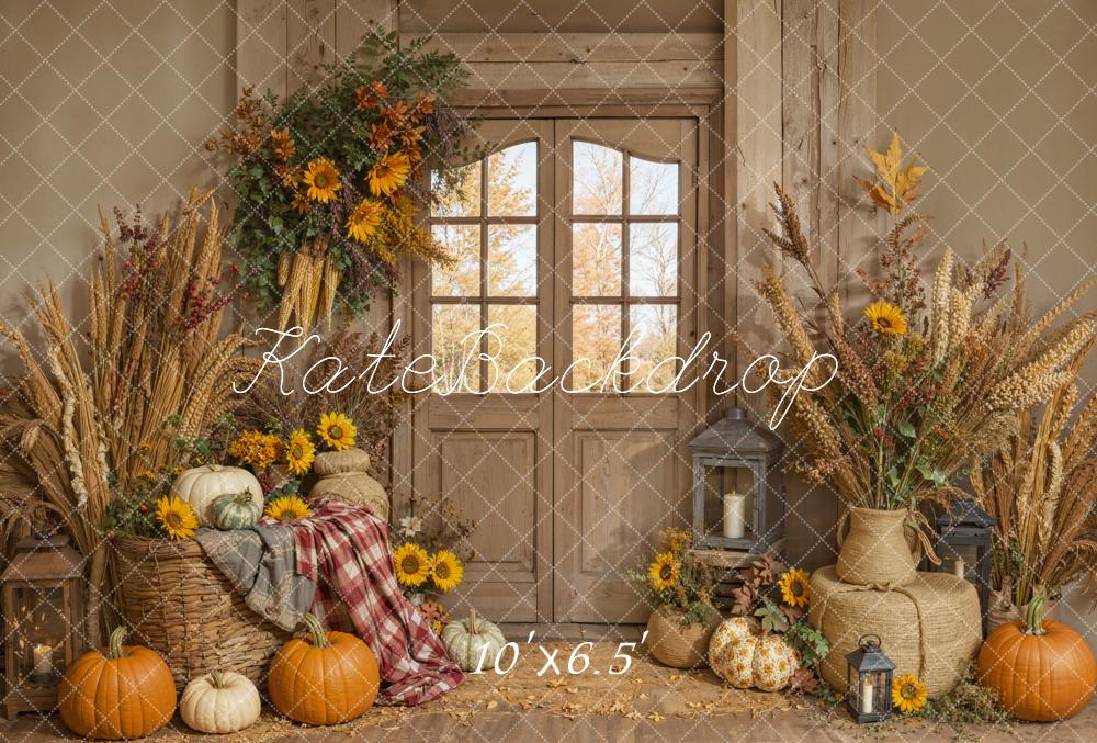 Kate Fall Rustic Door Pumpkin Sunflower Harvest Backdrop Designed by Emetselch