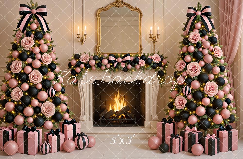 Kate Christmas Tree Pink Rose Fireplace Garland Printed Backdrop Designed by Ashley Paul