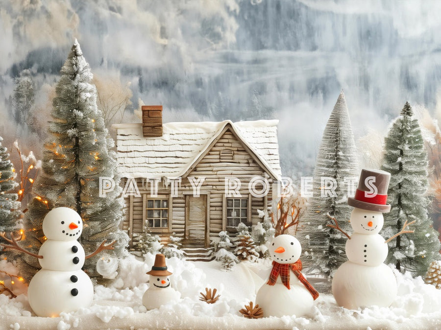 Rustic Winter Cabin Snowman Backdrop