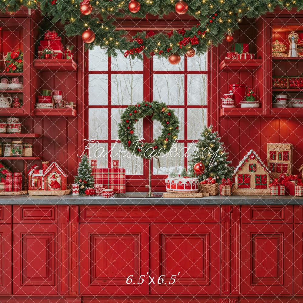 Kate Christmas Red Kitchen Cabinet Garland Gingerbread House Wreath Backdrop Designed by Emetselch