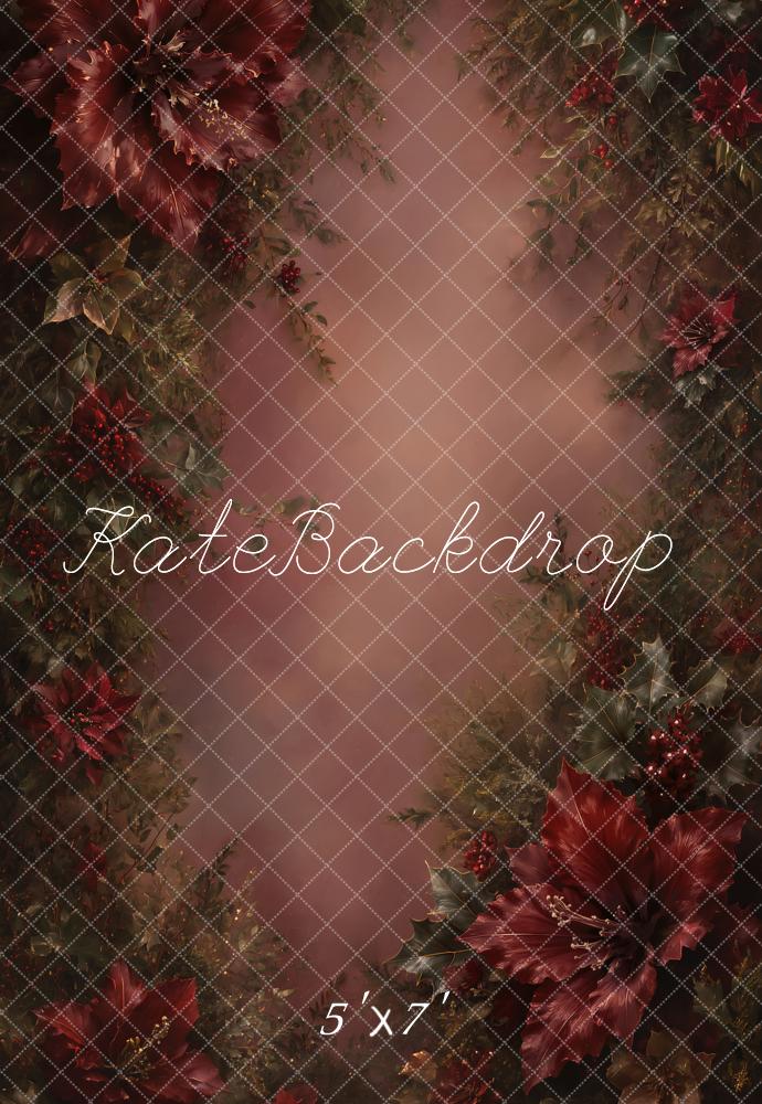 Kate Christmas Fine Art Burgundy Poinsettia Floral Printed Backdrop Designed by GQ