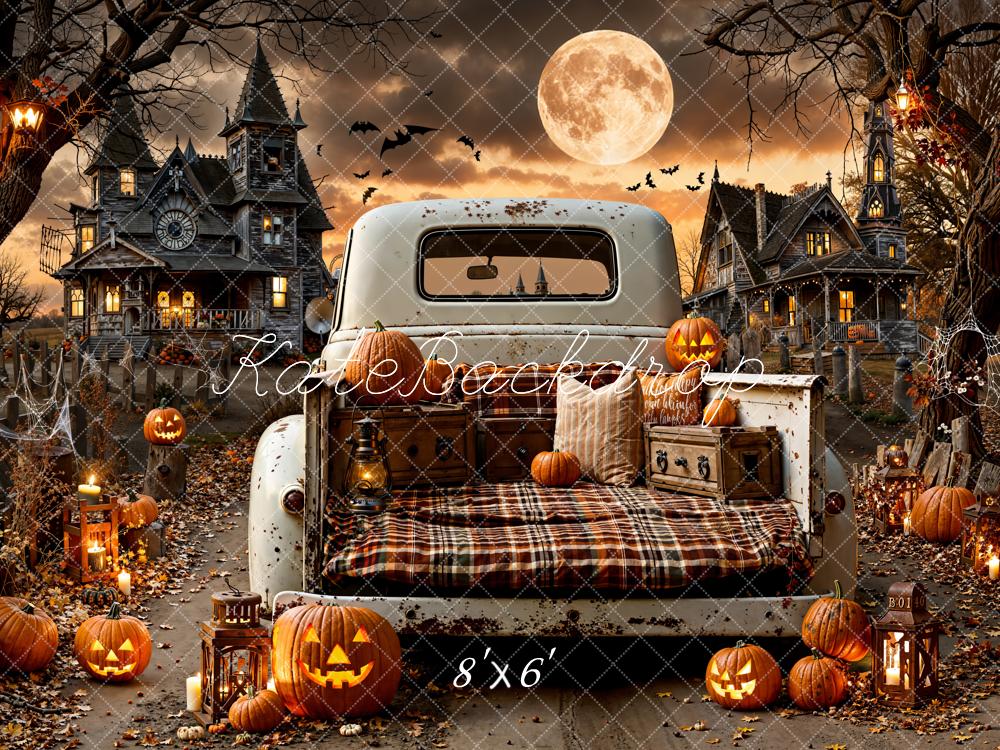 Kate Halloween Truck Pumpkins Haunted House Full Moon Backdrop Designed by Emetselch