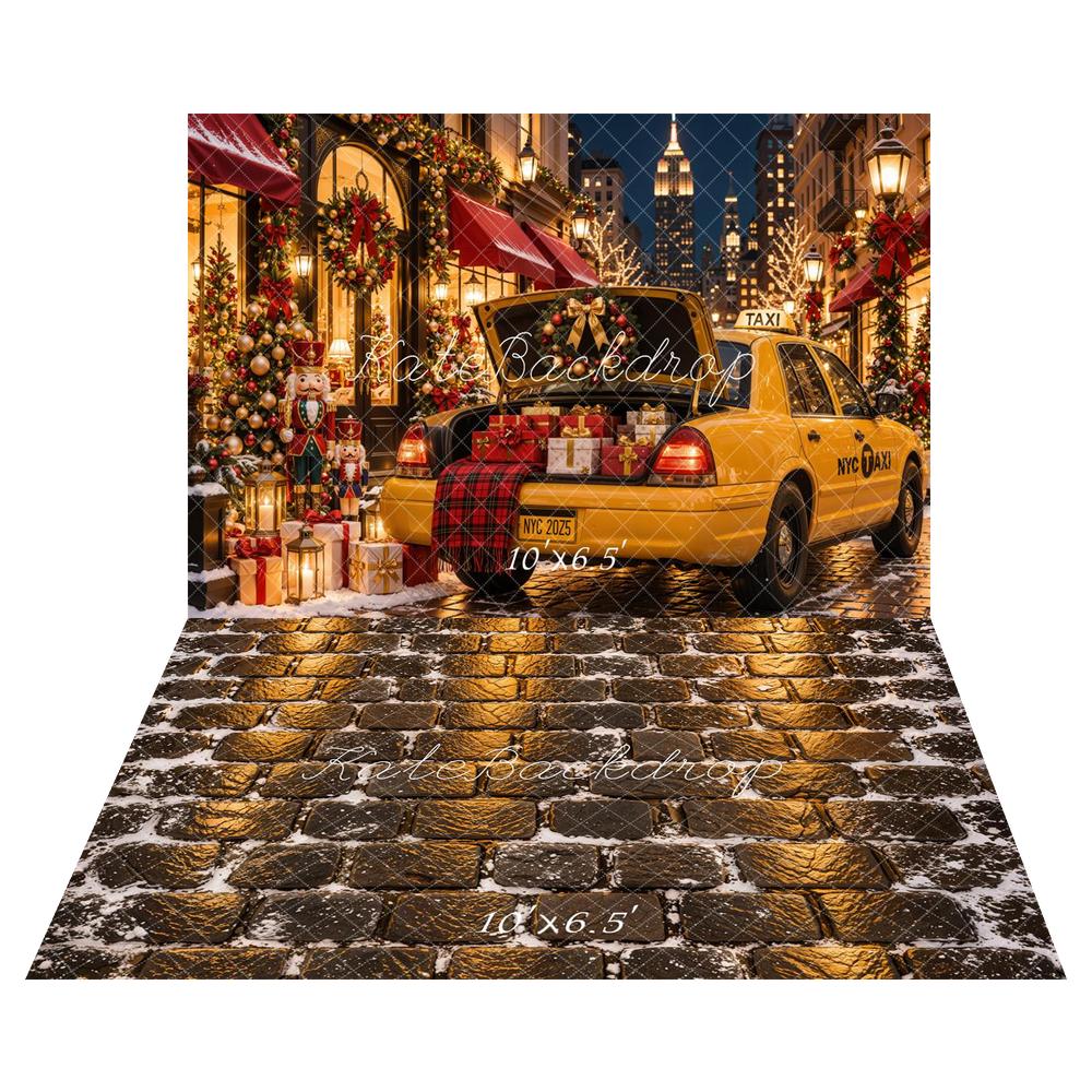 Kate Christmas Urban New York City Yellow Taxi Gifts Printed Backdrop+Winter Snowy Brick Floor Printed Backdrop