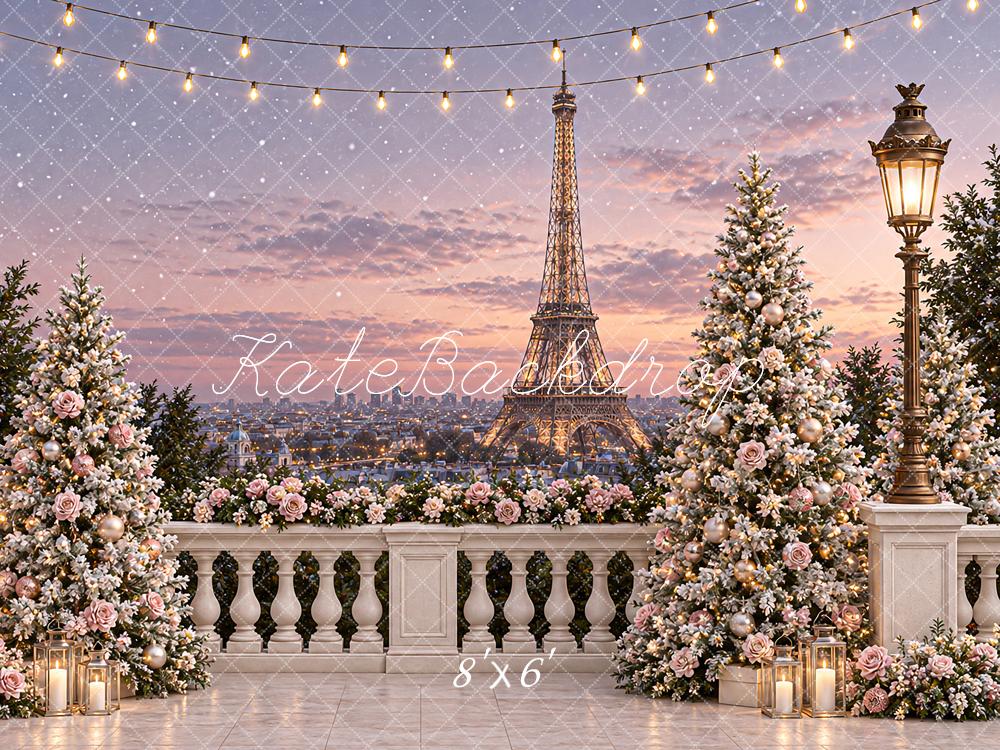 Kate Christmas Tree Eiffel Tower City Balcony Floral Lantern Printed Backdrop Designed by Angela Miller