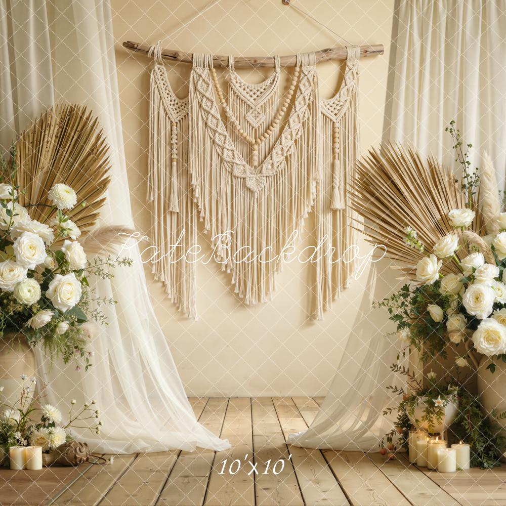Kate Mother's Day Boho Macrame Flower Arch Dried Palm White Roses Backdrop Designed by Chain Photography