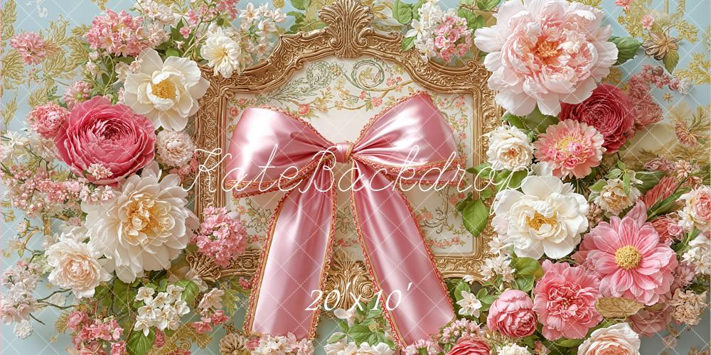 Kate Spring Pink Floral Bow Ornate Frame Backdrop Designed by Emetselch